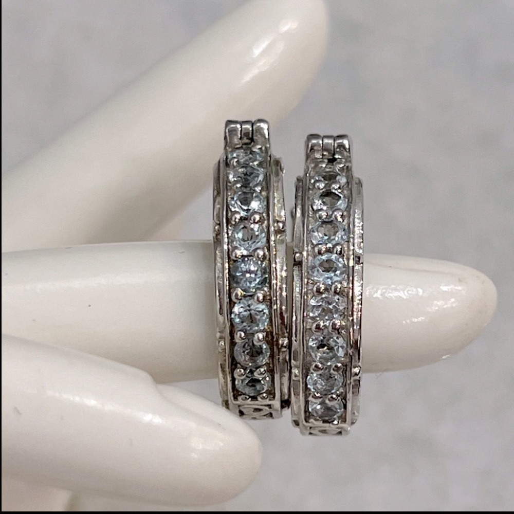 Sky Blue Topaz Silver Scroll Detailed Hoop Earrings - Picture 10 of 14